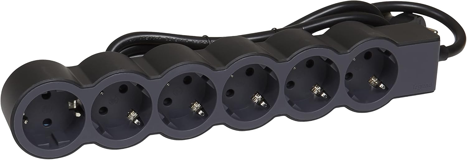 LEGRAND, 694566 694566 Flat Power Strip 6-Way Socket Multiple Socket 3 m Cable Length Black/Dark Grey