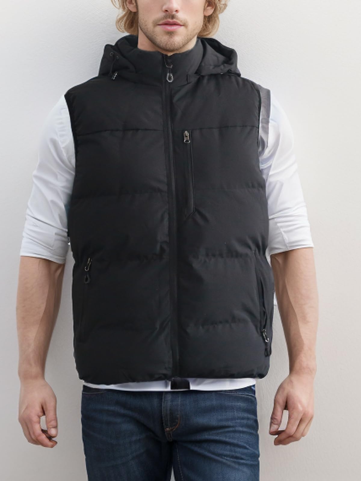 Piumino invernale da uomo con cappuccio rimovibile trapuntato imbottito senza maniche gilet casual caldo zip up giacca capispalla