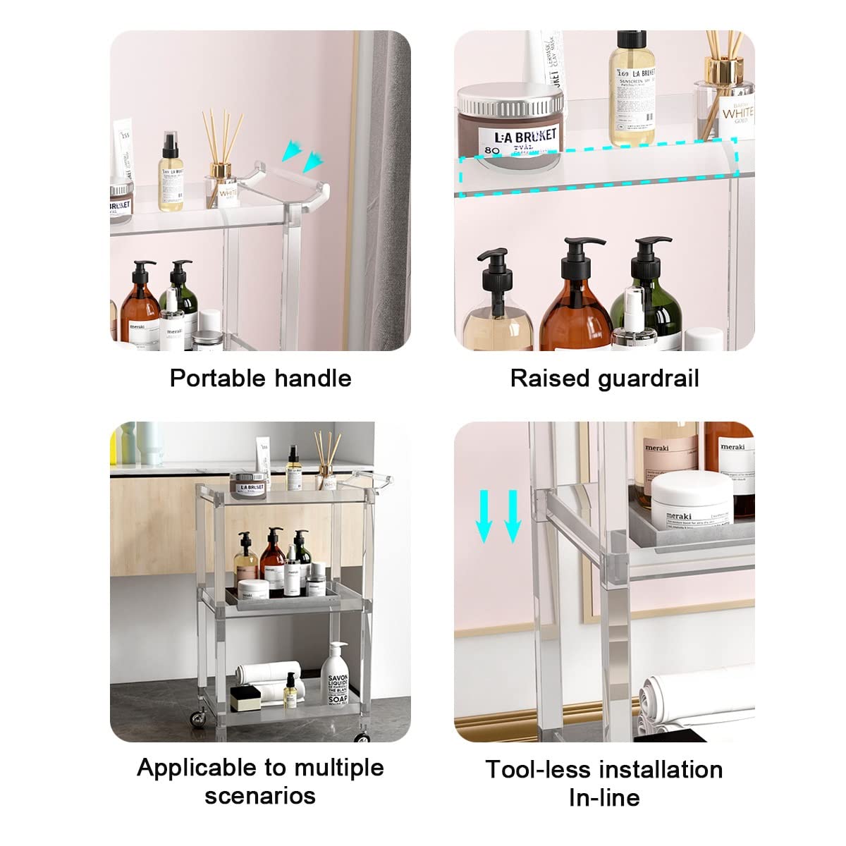 Carrito de cocina rodante de 3 niveles con asa y ruedas, fácil de montar, para manualidades, para baño, color azul