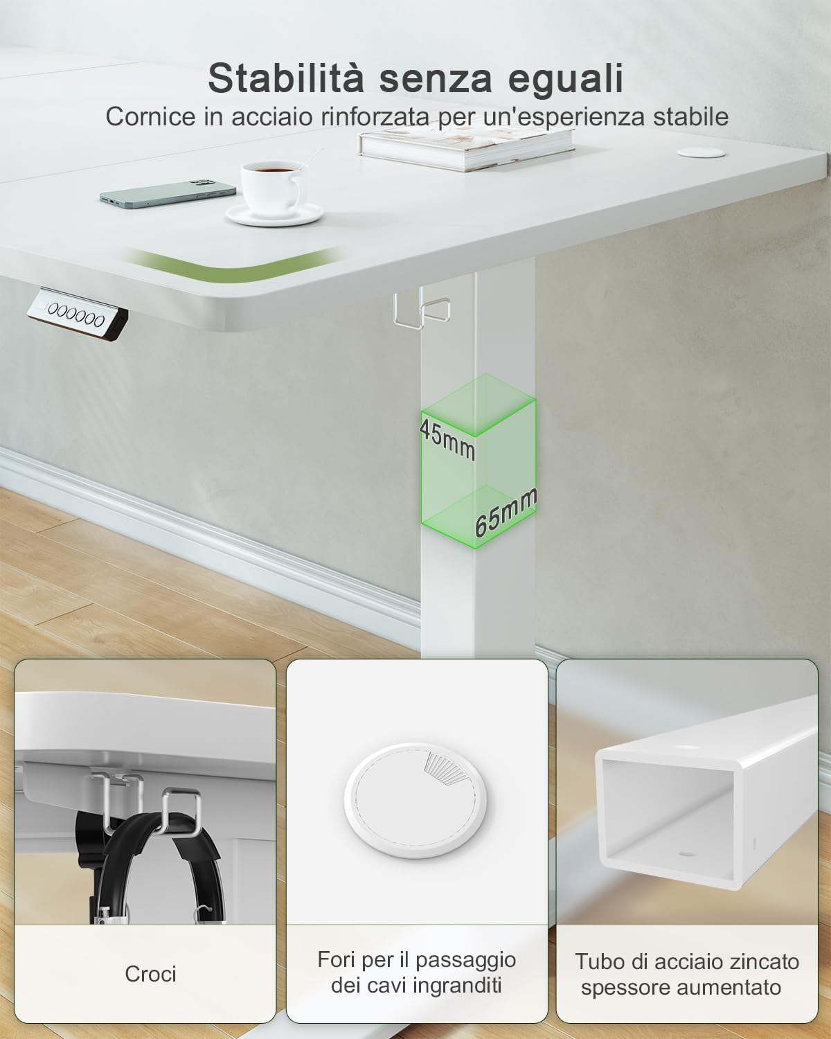 JUMMICO Scrivania Regolabile In Altezza Elettrica,160 x 70 cm,Pannello 6 Tasti Con 4 Memorie Di Altezza E Porta USB,Scrivania Da Computer Bianca,Avviso Di Pausa Per Sedentarietà