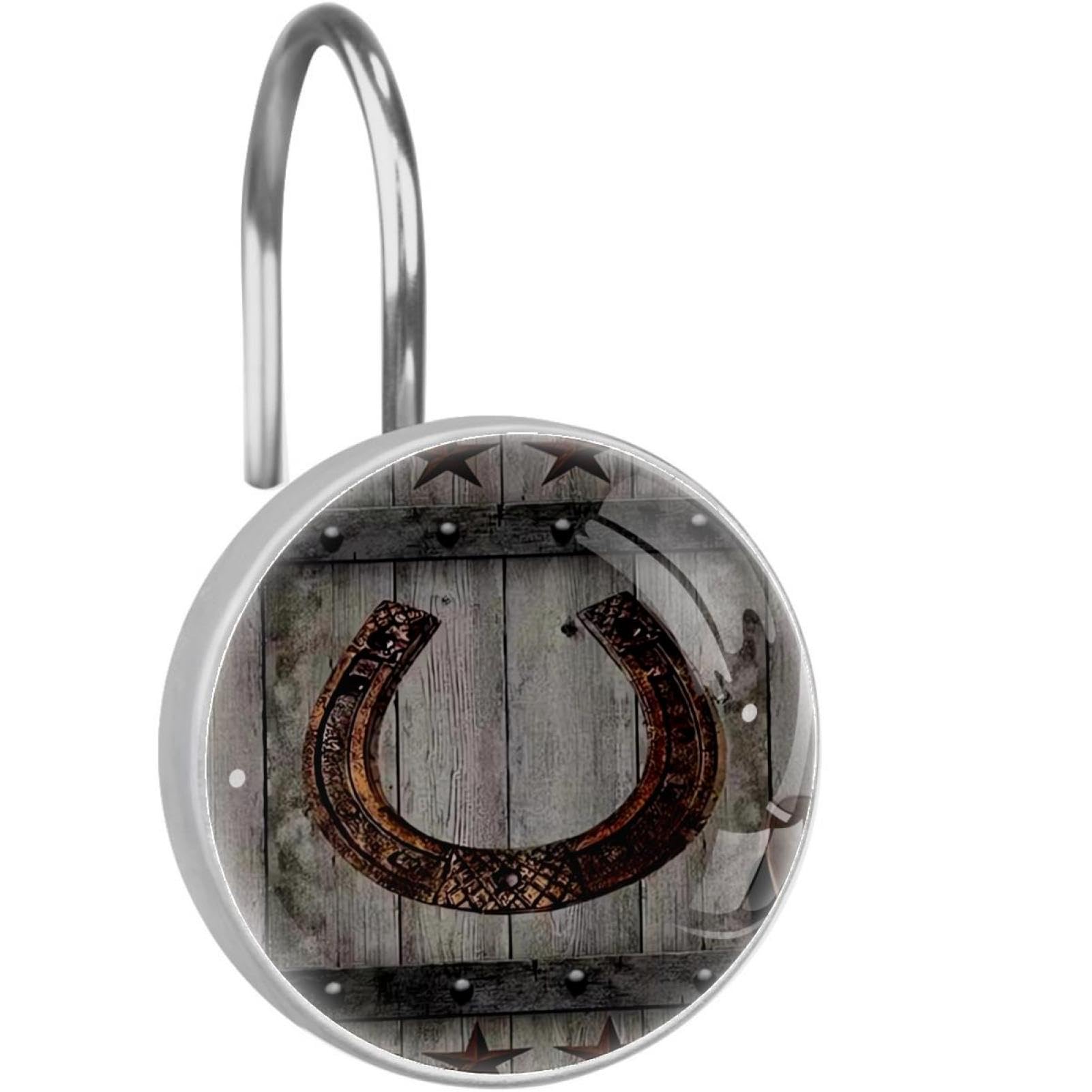 Western Cowboy Rusty Horseshoe Texas Star Rustic Vintage Decorative Shower Curtain Hooks Rings Set of 12 Hooks for Shower Curtain Stainless Steel Rustproof Curtain Rings for Bathroom