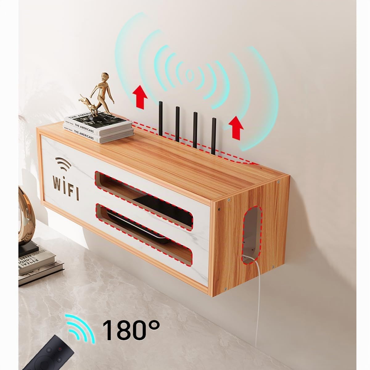 Cache Box, Etagere Rangement Murale, Etagere Murale Ranger la Box et Le Routeur TV, Etagere pour Decodeur Cache par Faitement Le Boitier TV, Modem, Router et Cables(Brown)