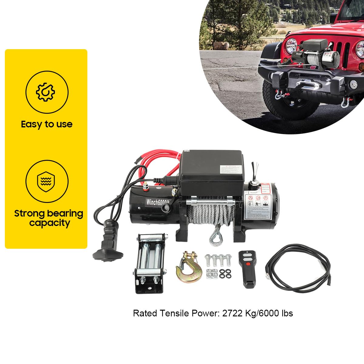 Elektrische Seilwinde 12V, 6000lbs/2722kg, mit Funkfernbedienung | 1600W Motorwinde Seilzug Elektrowinde, mit 12m Seil, für ATV UTV, LKW, Nutzfahrzeuge, Anhänger, Offroadwinde