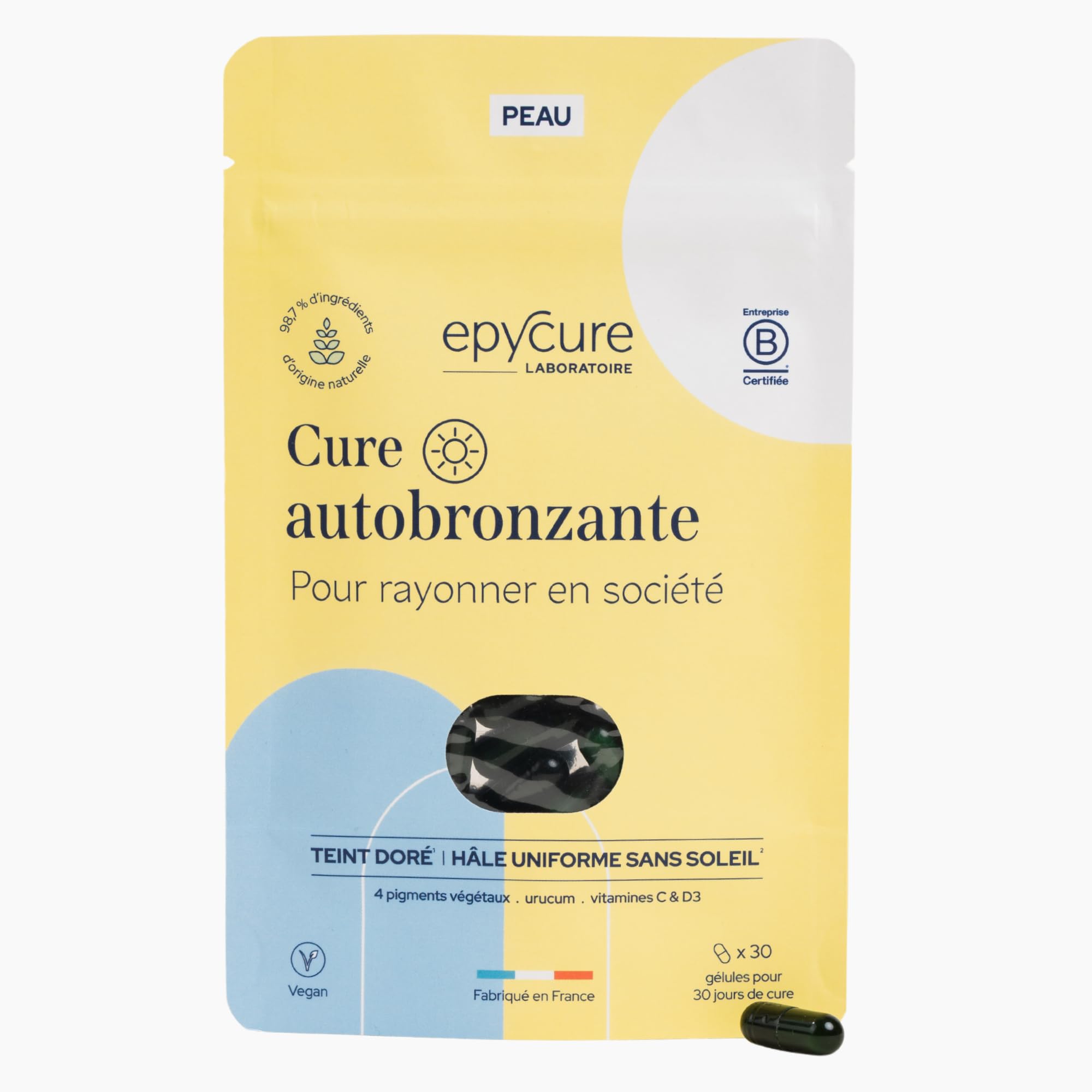 EPYCURE - Cure Autobronzante - Teint Hâlé et Bronzé Naturel sans Soleil - 98% Naturel - Pigments Végétaux, Urucum, Vitamines & Minéraux - 1 Mois - Tous Types de Peaux - Vegan - Fabriqué en France