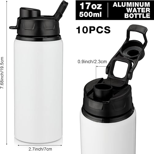 Miniatura 2 de Shellwei 10 botellas de agua de aluminio de 17 onzas reutilizables con tapas a presión, botella de agua de metal, ligera, portátil, botella de agua