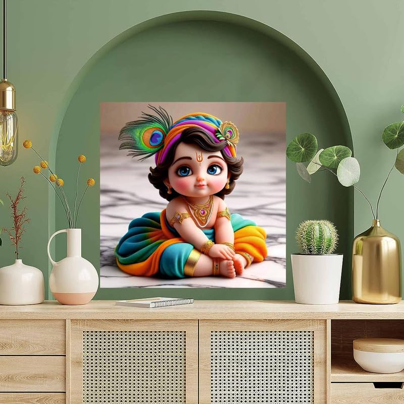 Image of British Terminal Cute little Bal Gopal Baby God Krishna| Kanha Ji | Laddu Lord Makhan Chor Painting Religious Poster for Pregnant Women for wall (matt thin vinyl,sticker,multicolor,unframed)| bj401