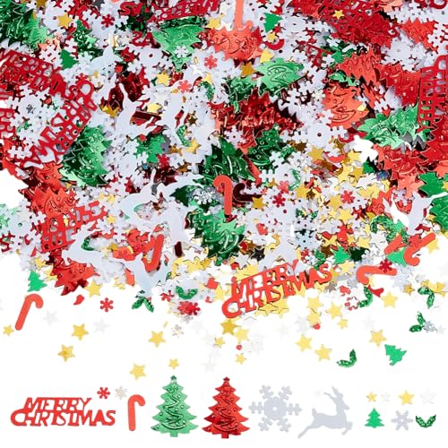 CRAFTYMELODY 100G Christmas Day Confetti 2 Styles Plastic Sequins Red Green White Party Decorations Table Confetti Sprinkles Snowflake Tree Elk Embellishment for Xmas New Year Decor Supplies