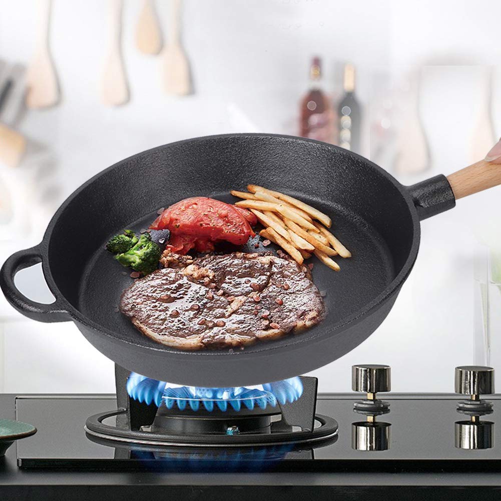 FLEXMAN Skillet Z Żeliwa, Wielofunkcyjna Patelnia do Smażenia Z Żeliwa Z Drewnianym Uchwytem, Patelnia do Gotowania Steków do Pieczenia, Grilla, Pieczenia, Duszenia, Smażenia
