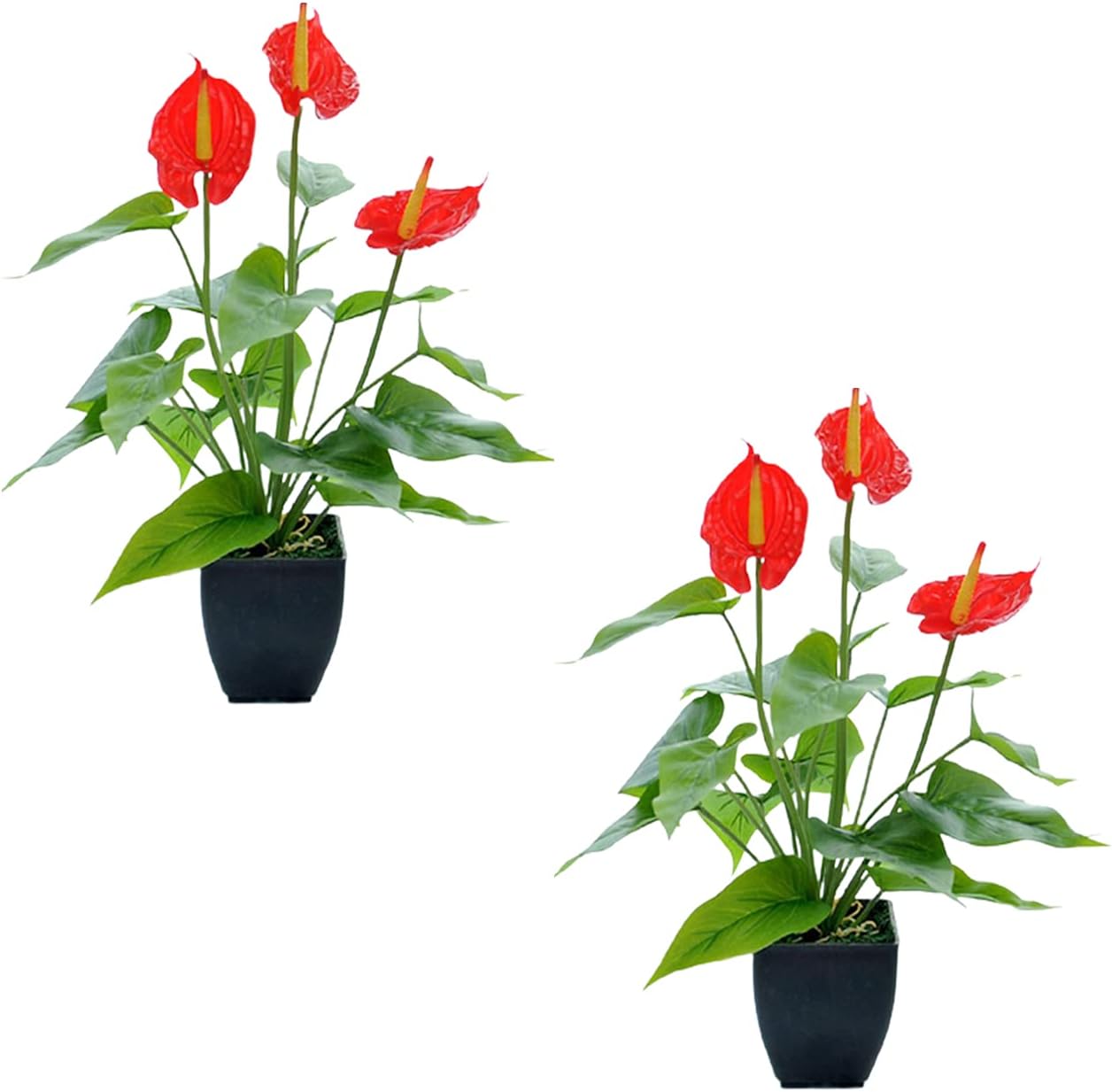 14in Anthurium Artificial Flowers with Black Pot, Calla Lily Faux Potted Plant, Artificial Flower Pot for Home Office Party Decoration (2, Red)