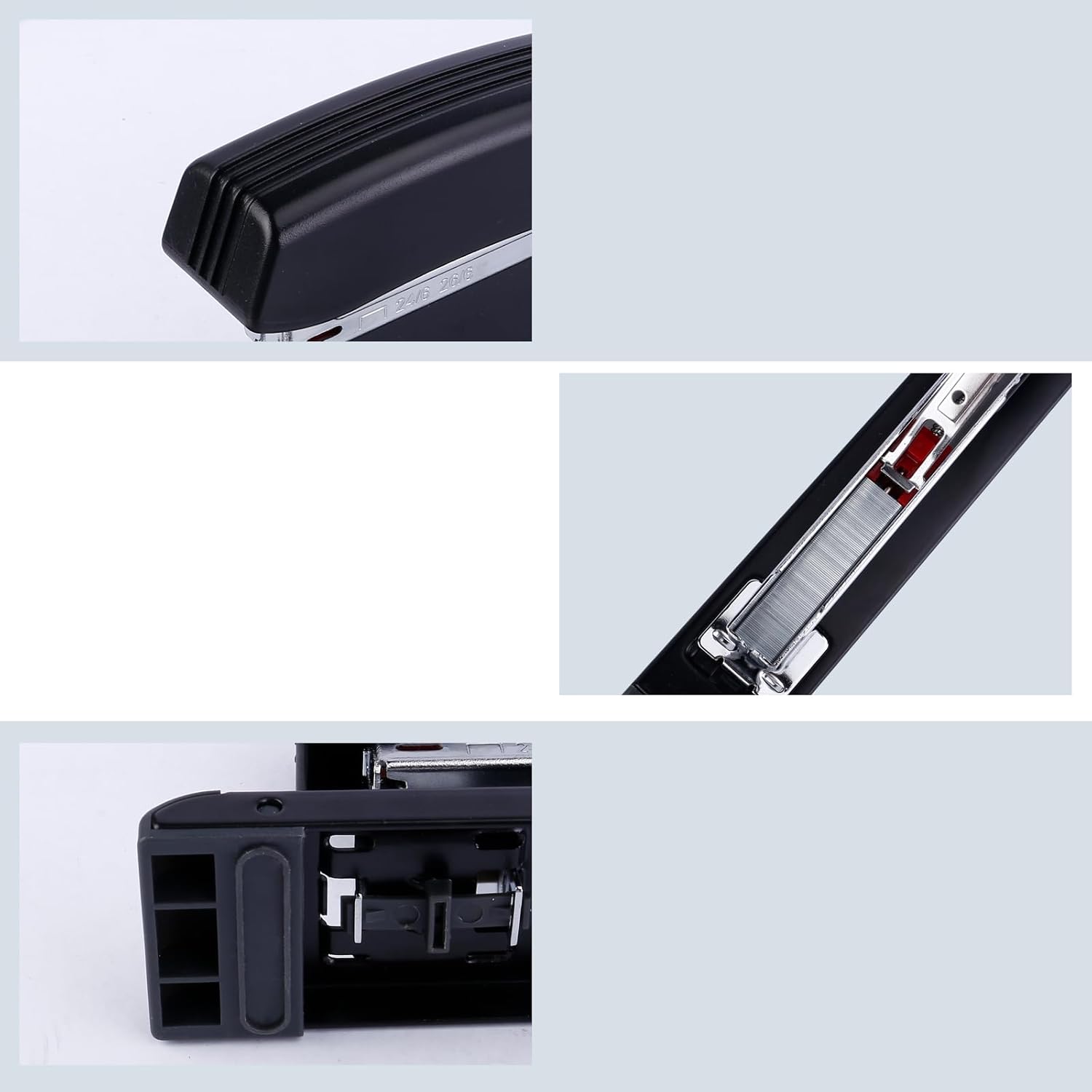 Close-up views of the Eagle Long Reach Stapler's components, including the anvil