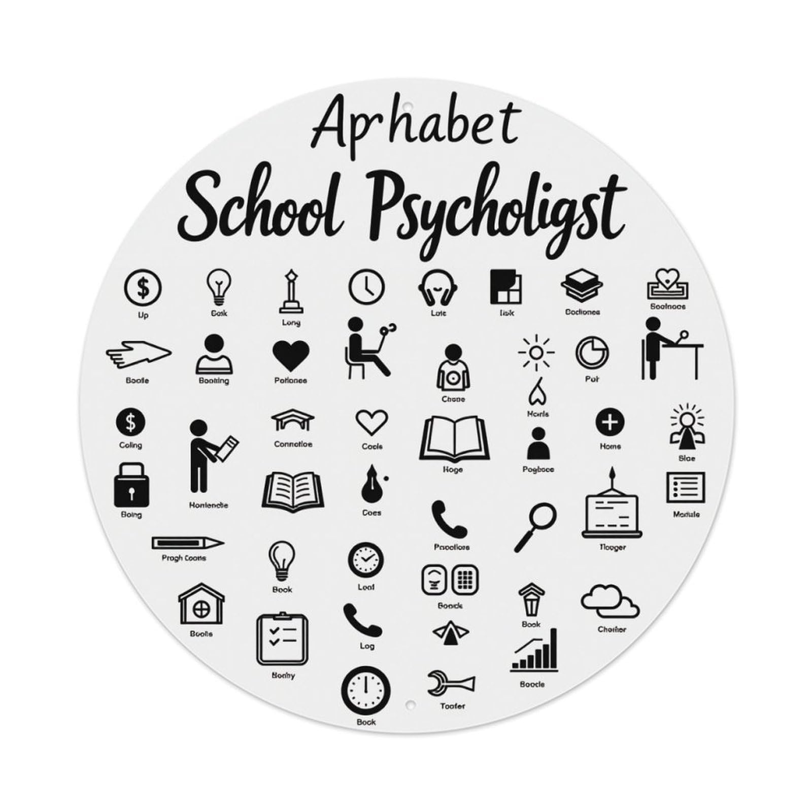 Alphabet School Psychologist Icon Set Vintage Metal Tin Sign Retro Wall Decor for Home Bar Garage Cafe, Indoor & Outdoor Decorative，circle Metal Poster, 8x8 Inch