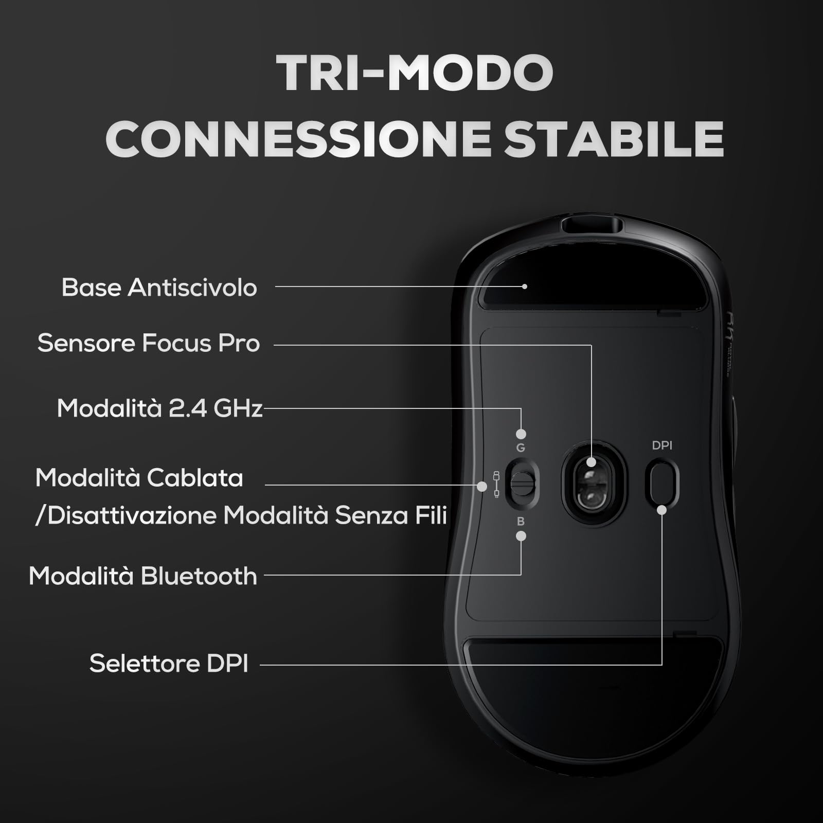 RK ROYAL KLUDGE M3 Mouse Gaming Wireless Ultraleggero 47g, Sensore PAW3950 42000 DPI, Mouse Wireless 8K BT/2.4G/USB, 5 Pulsanti Programmabili, Design Ergonomico, Batteria 650mAh per PC/Console, Nero