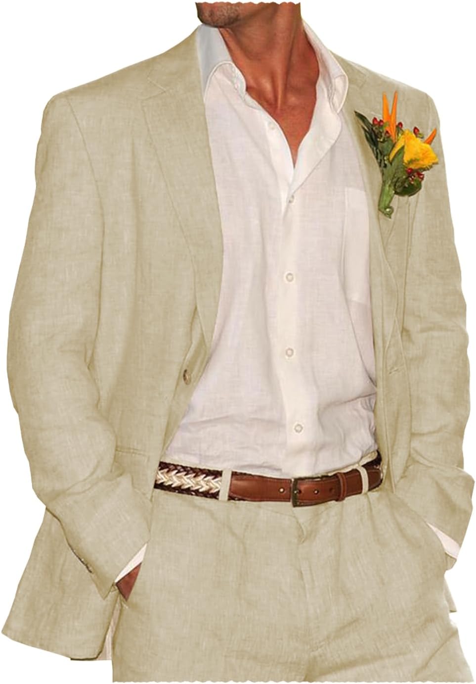 Summer Linen Suits Men’s Two Piece Suit Set Casual Retro Wedding Tuxedo Party Beach Suit