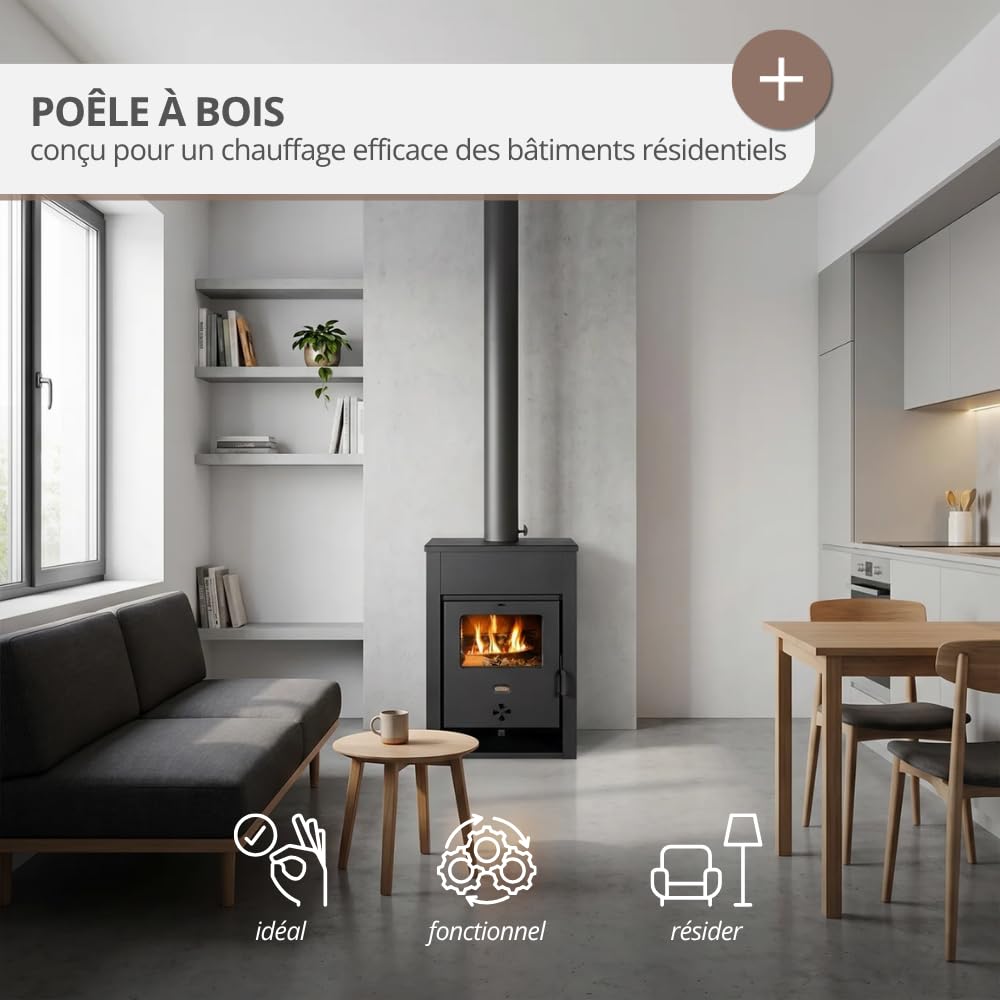 Prity K13 D Poêle à bois 11,6 kW Classe d'efficacité énergétique A+ 81,9 % d'efficacité 81,9 % Tuyau de fumée Ø 130 mm Construction en acier et fonte
