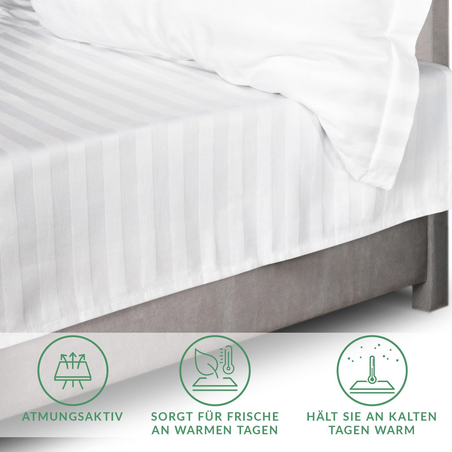 DarymexFlaches Laken ohne Gummizug, 220x260 cm, Satin, Weiß | Satiniertes Betttuch mit Streifenmuster, 50% Bambusviskose & 50% Baumwolle, weich, temperaturregulierend