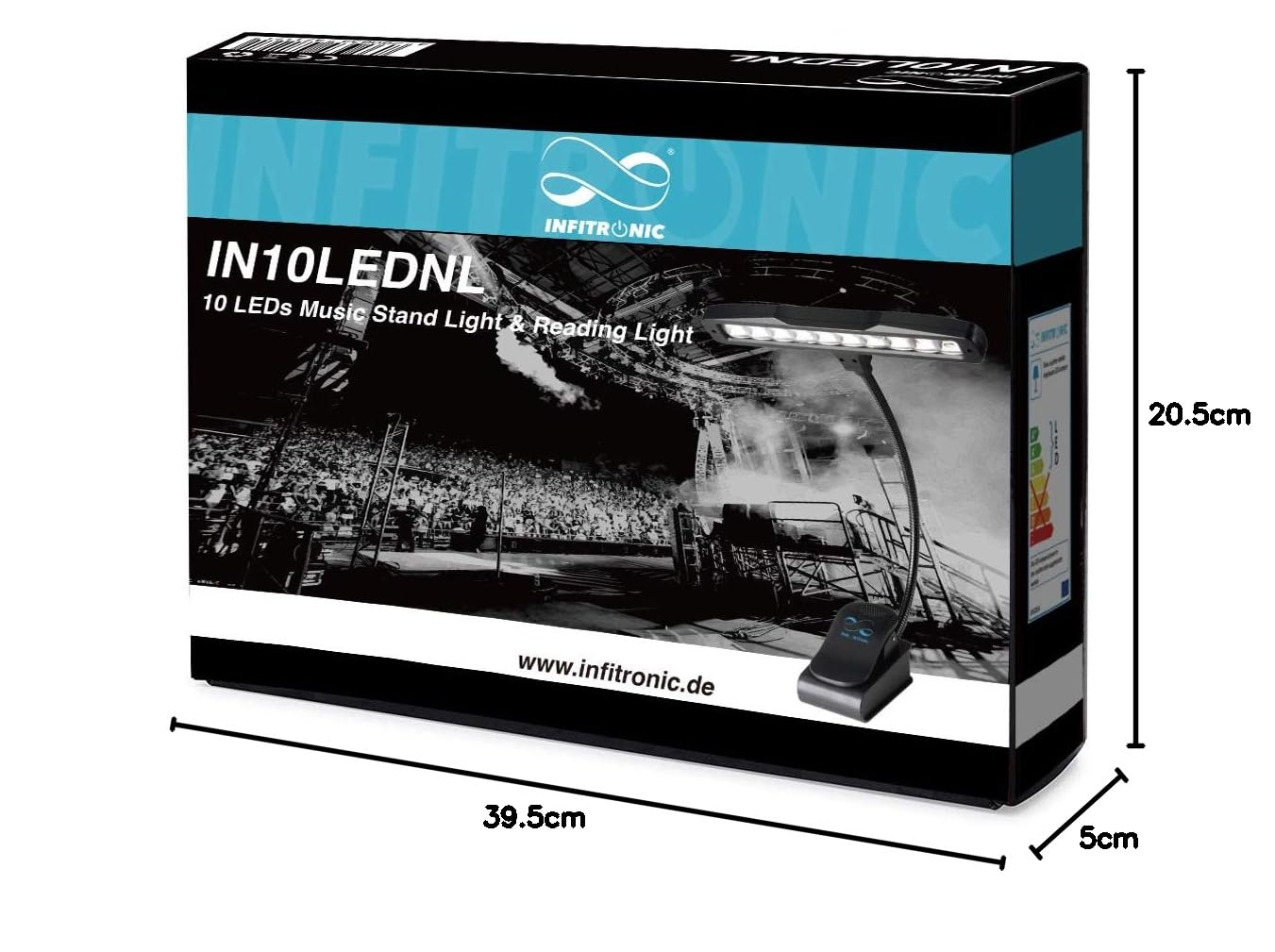 Infitronic IN10LEDNL – 10 LED lámpara para atril de partituras, lámpara de piano, lámpara de lectura, lámpara de pinza, 2 niveles de santidad, color negro