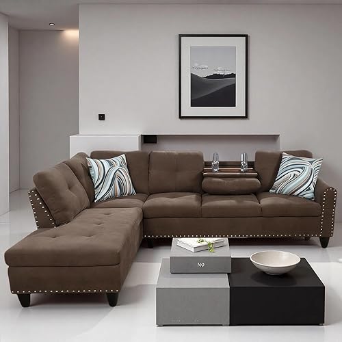 Miniatura 6 de Sofá modular en forma de L con soporte para tazas, juego de sala de estar de 97 pulgadas con diván, sofás seccionales con ribete de cabeza de
