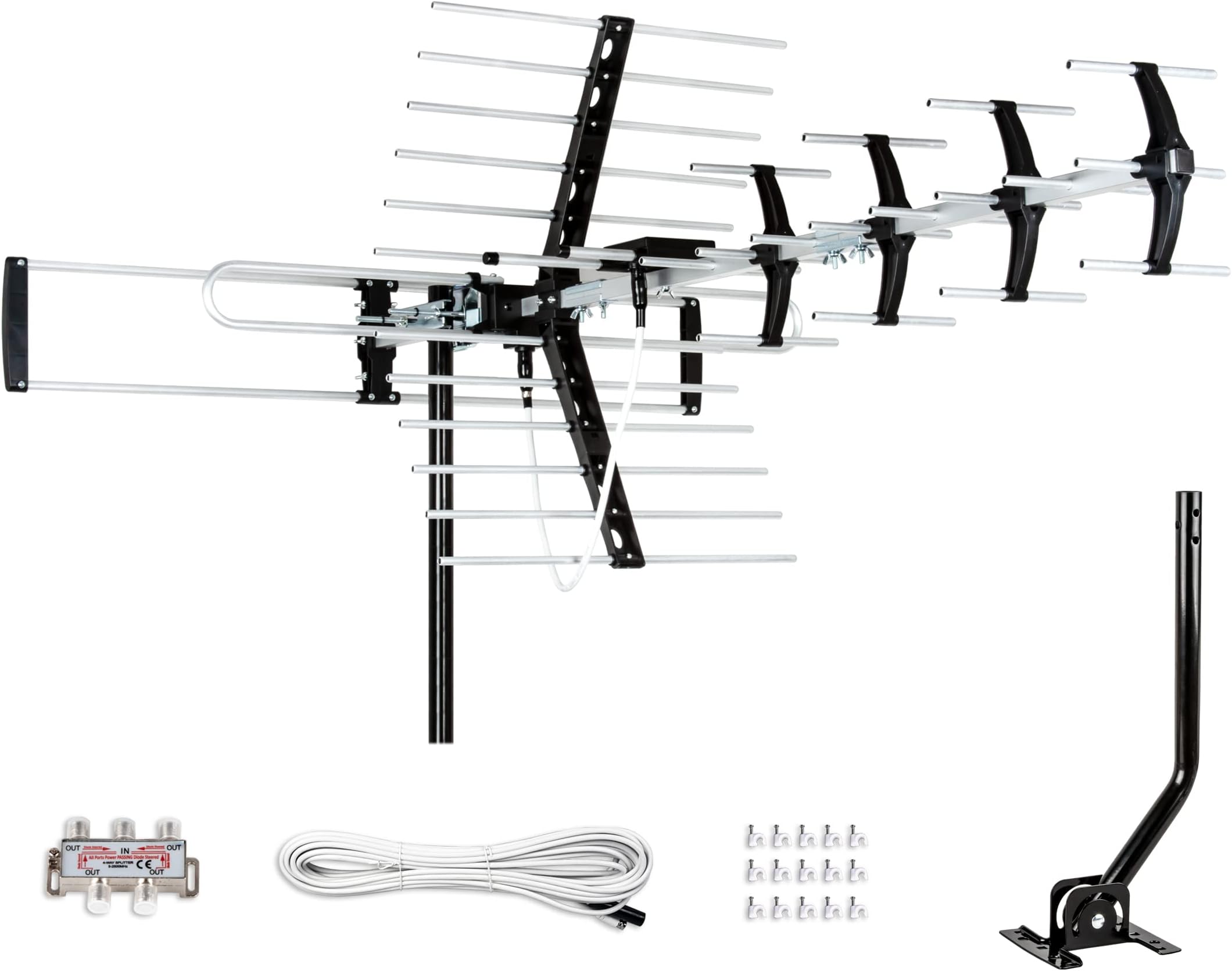 Five Star Outdoor HDTV Antenna up to 200 Mile Long Range, Attic or Roof Mount, Digital OTA Antenna for 4K 1080P VHF UHF Supports 4 TVs Installation Kit & J Mount, ATSC 3.0 Ready