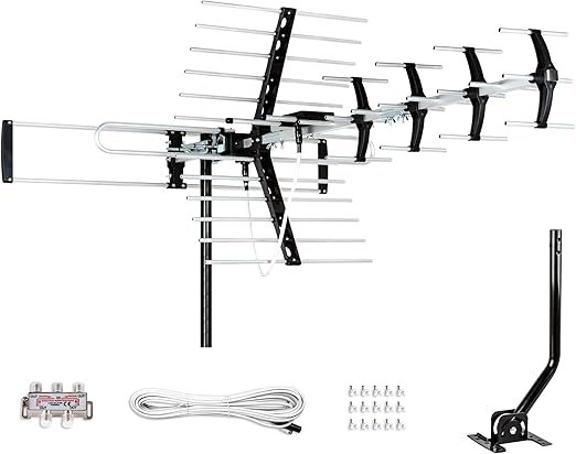 Five Star Outdoor HDTV Antenna up to 200 Mile Long Range, Attic or Roof Mount, Digital OTA Antenna for 4K 1080P VHF UHF Supports 4 TVs Installation Kit & J Mount, ATSC 3.0 Ready