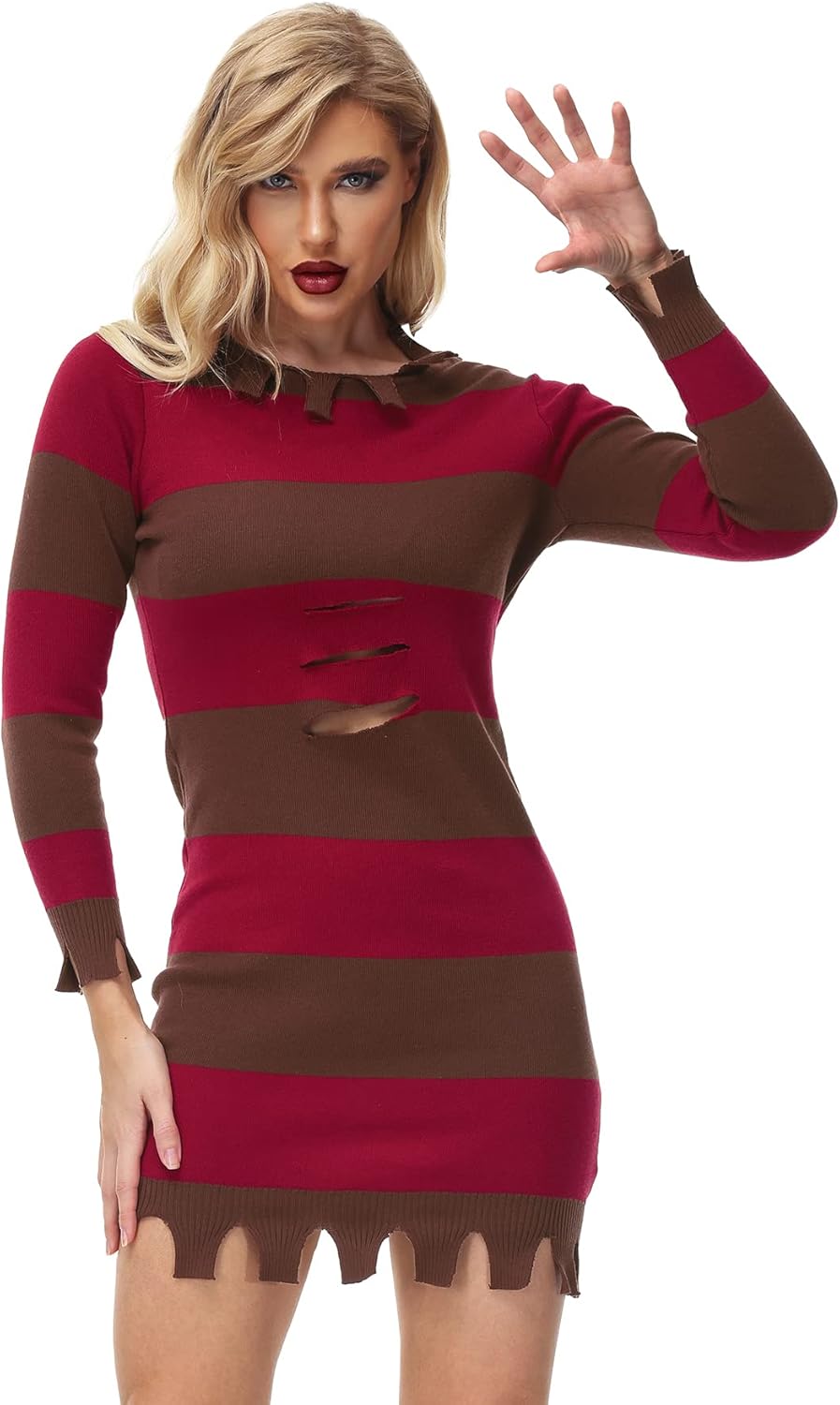 AOBUTE Halloween Women Costume Dress Mens Long Sleeve Red Striped Sweater - Image 4
