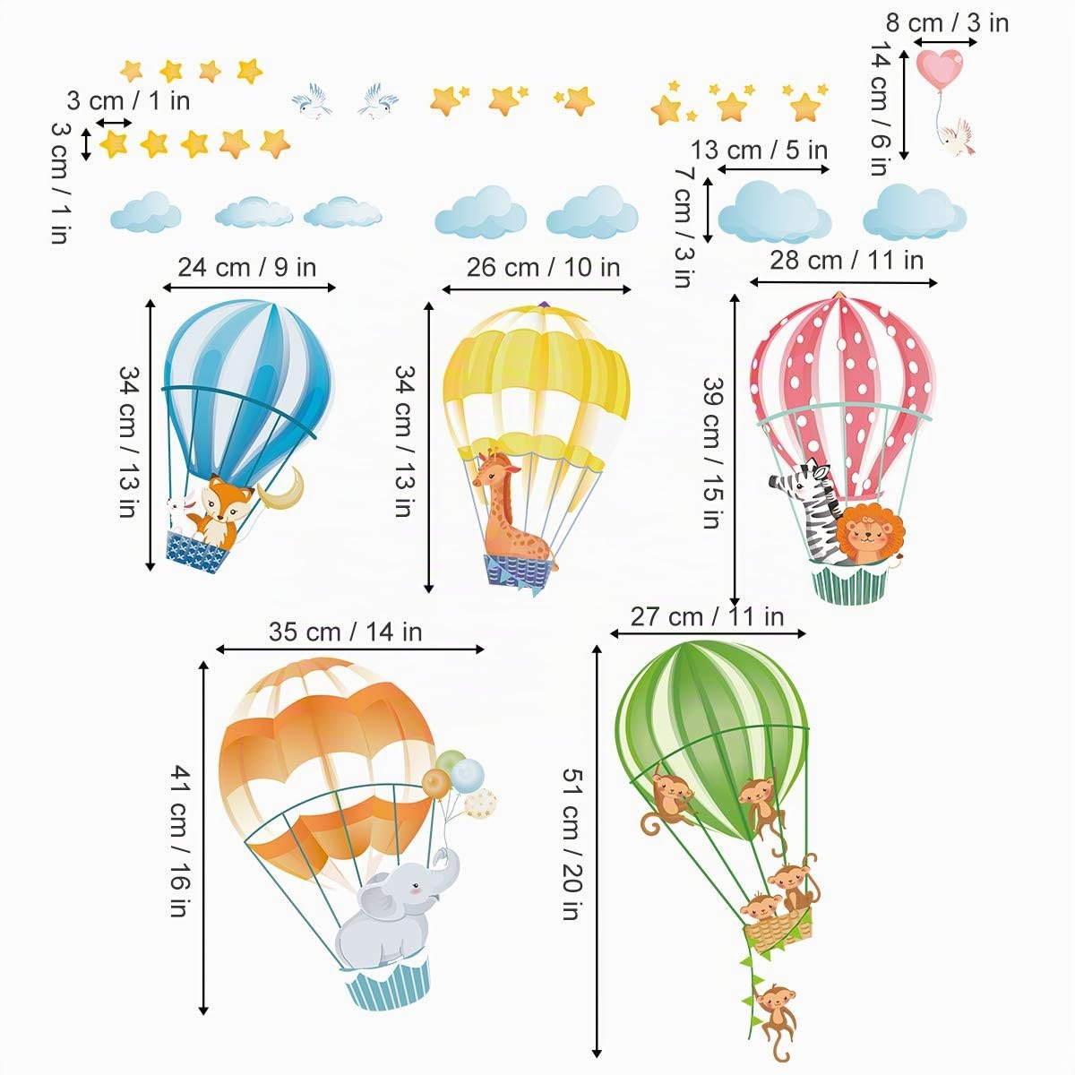 decalmile Pegatinas de Pared Globos Aerostáticos de Animales Vinilos Decorativos Elefante Mono Adhesivos Pared Habitación Infantiles Niños Bebés
