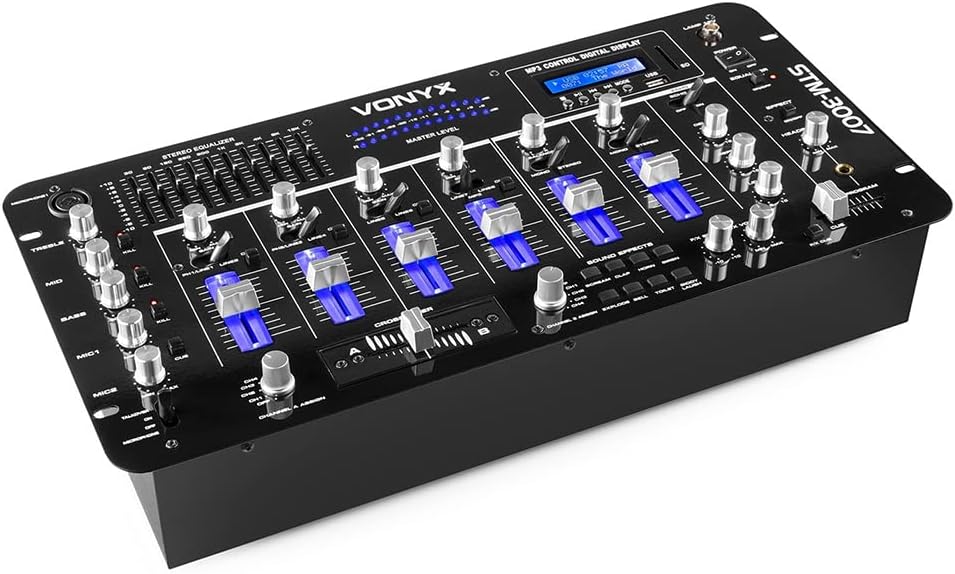 Vonyx STM-3007 6-Channel Bluetooth DJ Mixer – USB MP3 SD Rack Mixer with 10-Band EQ, Illuminated Faders, 8 FX, Crossfader & Dual Zone Output for Mobile DJs & Studio