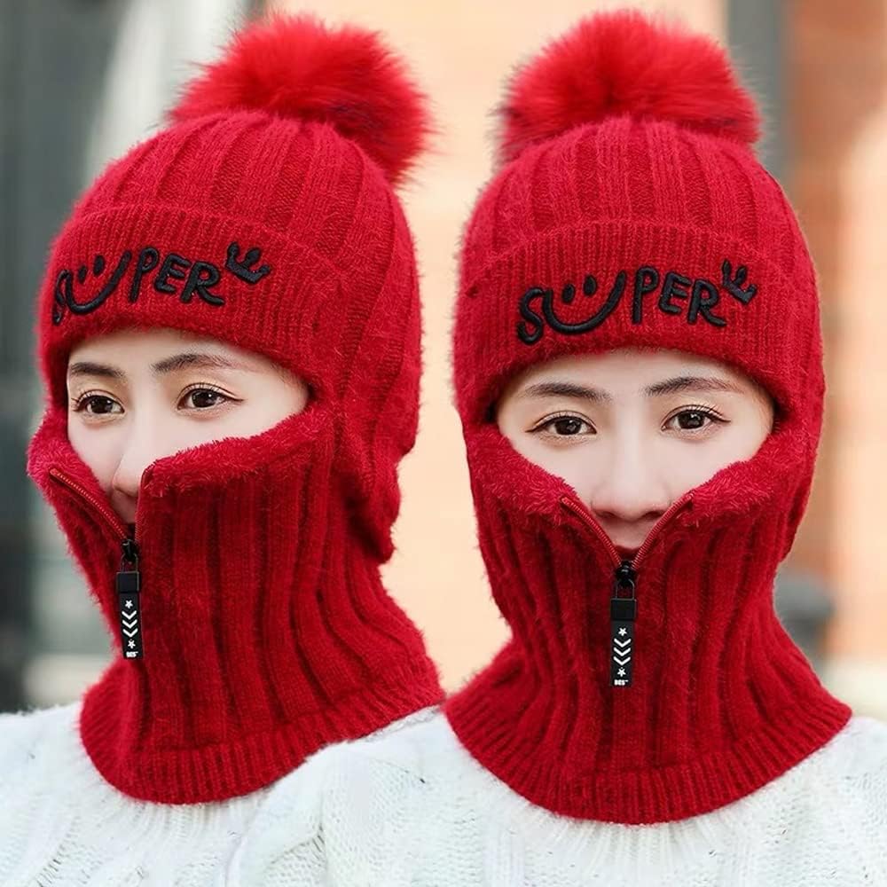"Womens One Piece Fleece Lined Beanie Hat Scarf Mask Set, Winter Warm Slouchy Knitted Hat Thick Skull Ski Cap with Pom" - Image 4