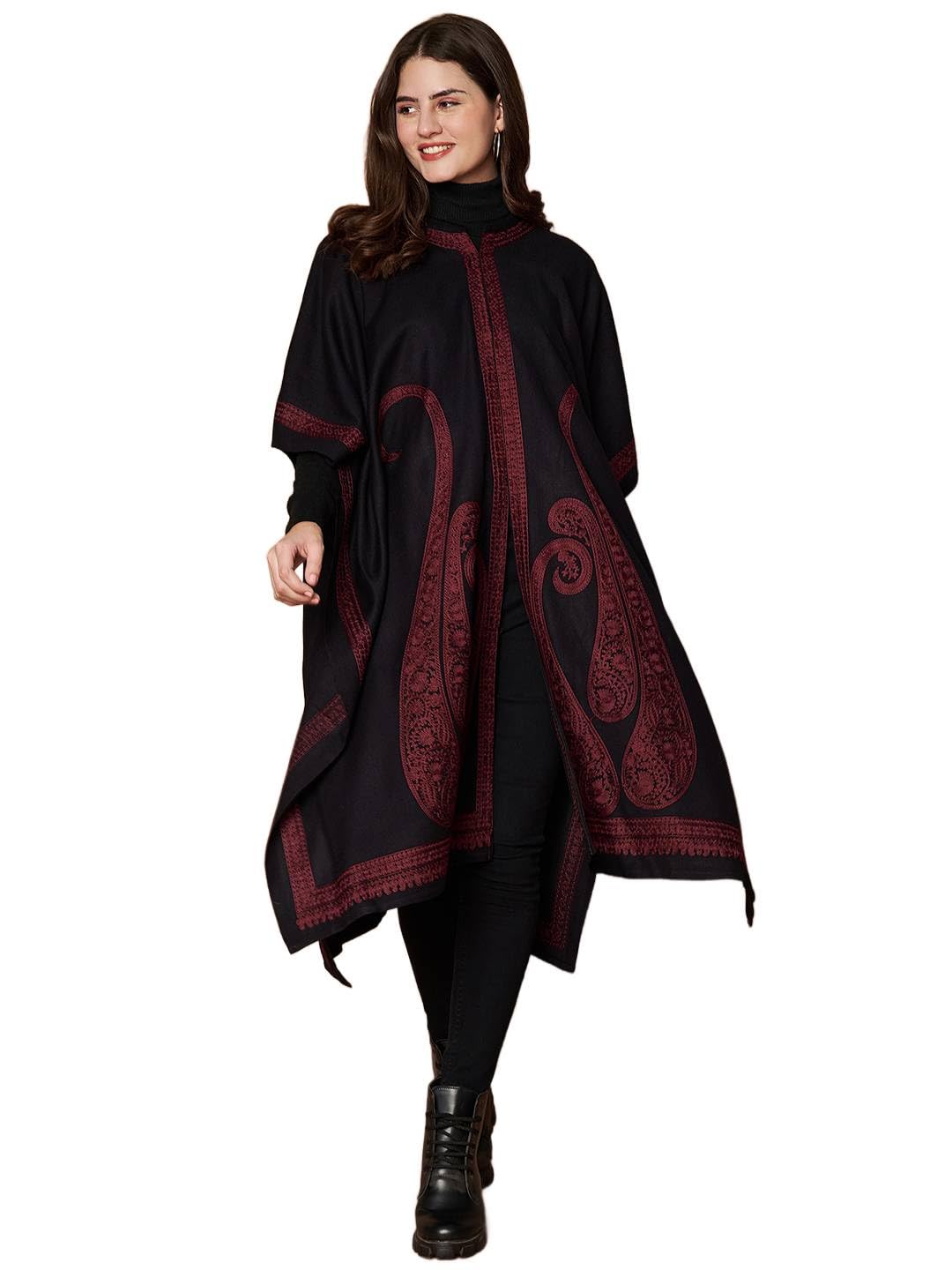Kashmiri Aari Embroidered Pheran Shrug for Women with Royal Paisleys Design, Handcrafted Woolen Poncho-image-14