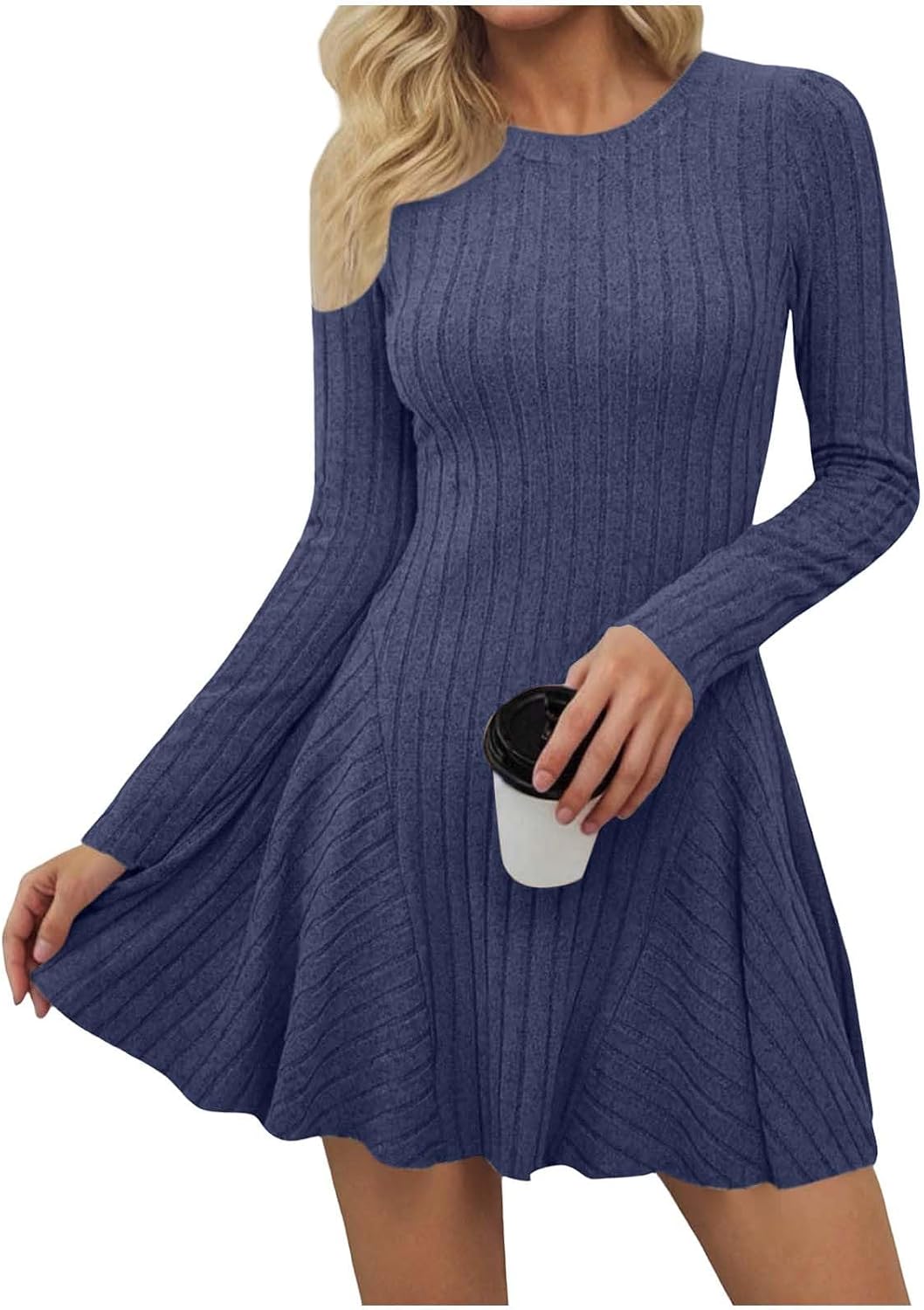 Women Ribbed Knit Mini Dress Long Sleeve Crew Neck A Line Dresses