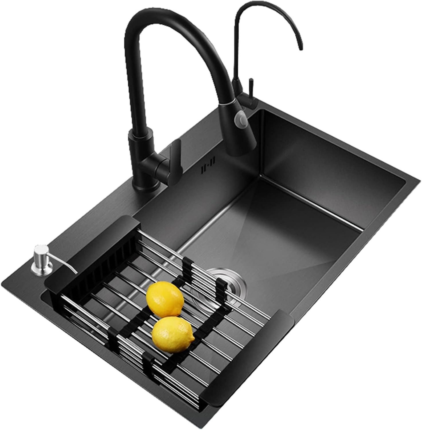 Évier de cuisine noir 60x45cm en inox 304 avec un robinet extractible moderne