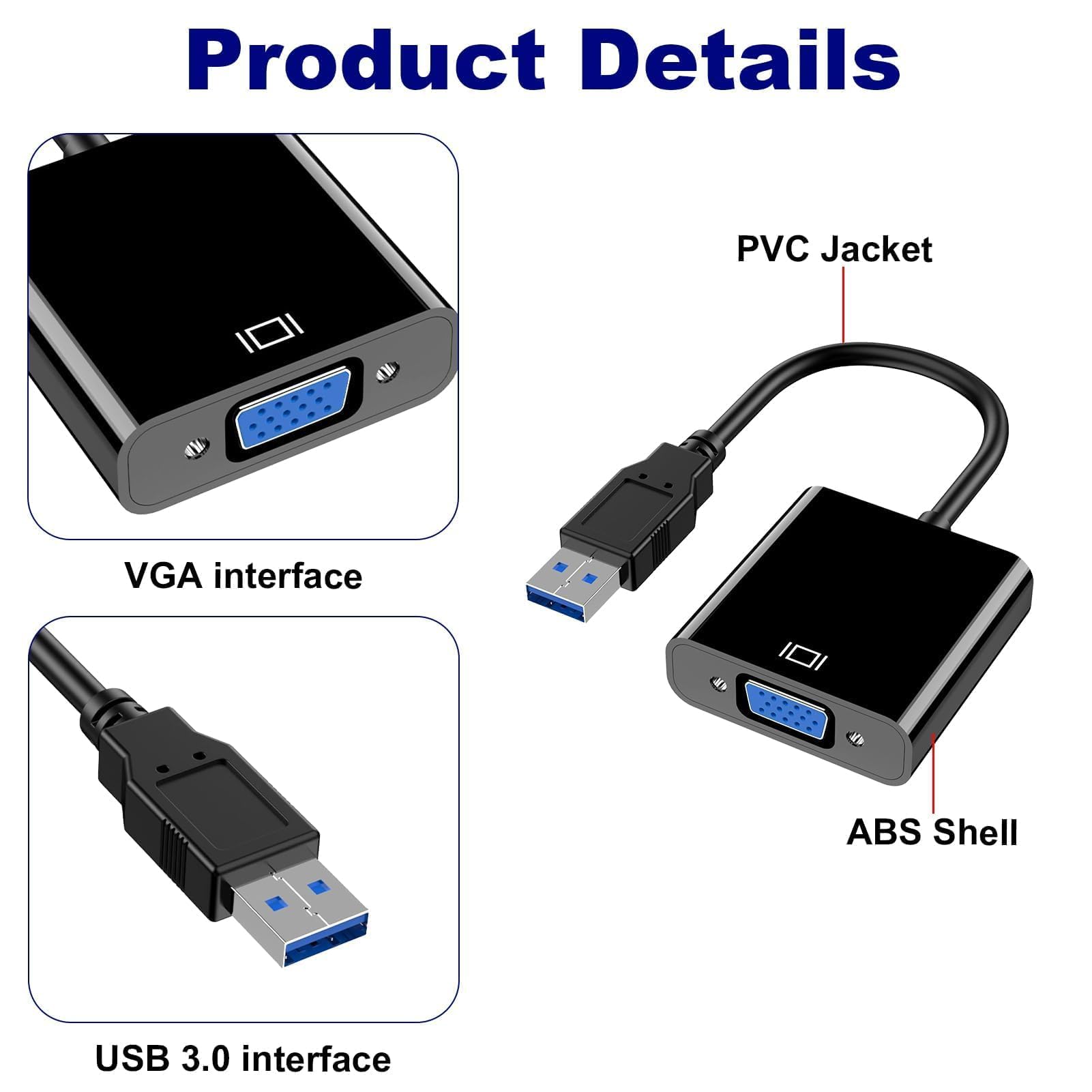 Adaptateur USB 3.0 vers VGA avec Driver Externe, Convertisseur Vidéo HD 1080p, Multi écrans pour PC, Ordinateur Portable, TV HDTV, Moniteur VGA, Projecteur, pour Windows XP/8/8.1/10/11