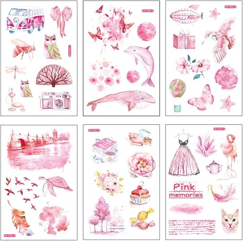 Juego de 12 hojas de calcomanías Kawaii Washi, color rosa, animal, flor, mariposa, ballena, tortuga, pájaro, accesorios de vestir, etiqueta de