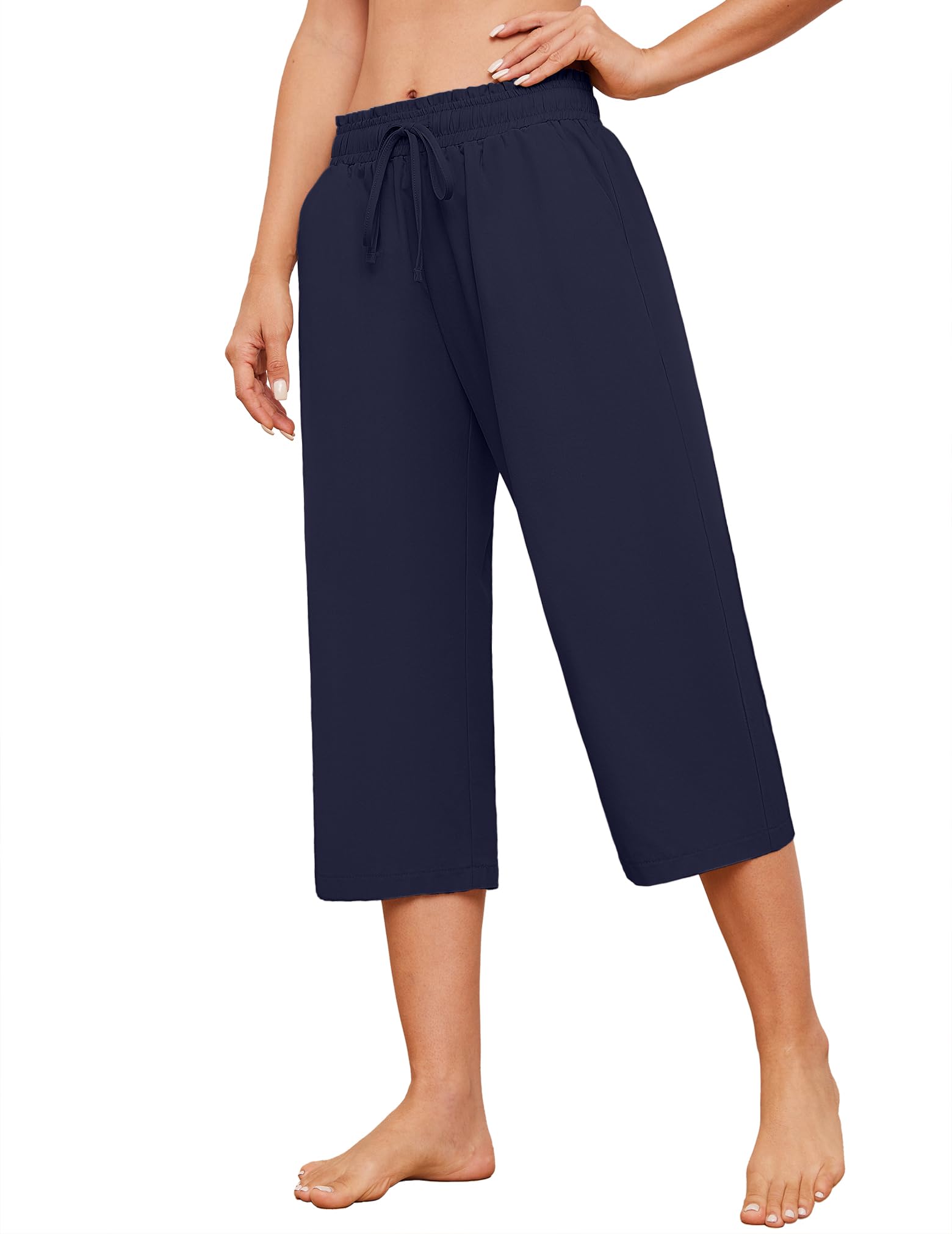Larmliss Womens Capri Pants Loose Wide Leg Drawstring Elastic Waist Casual Lounge Cropped Pants with Pockets Navy Blue
