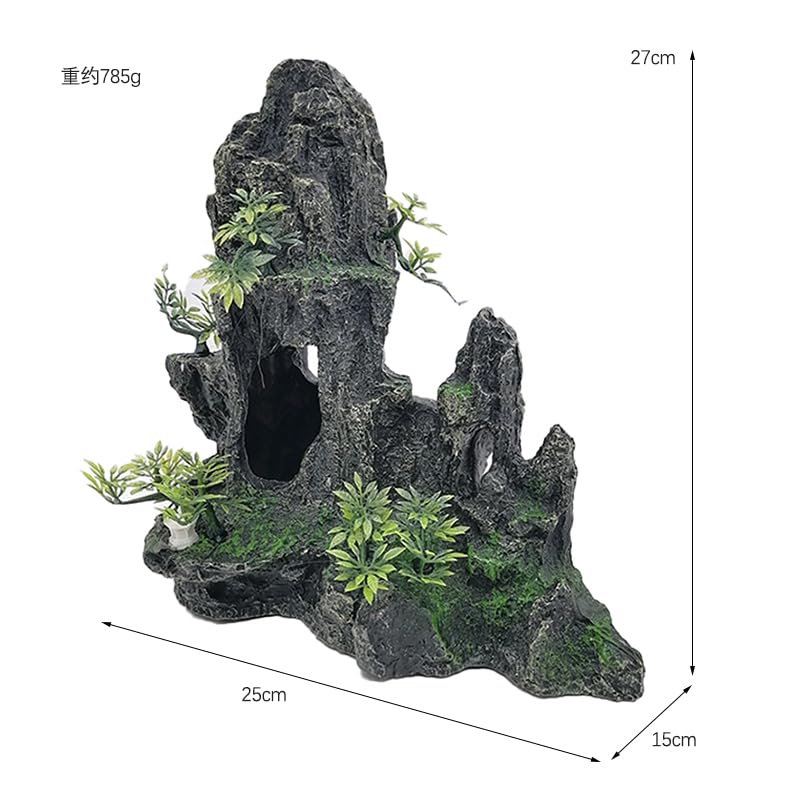 Poxela Fish Tank Rock Cave Decoration - Mountain View Aquarium Ornament with Moss Tree and Stone for Aquascaping(Large Mountain-B)