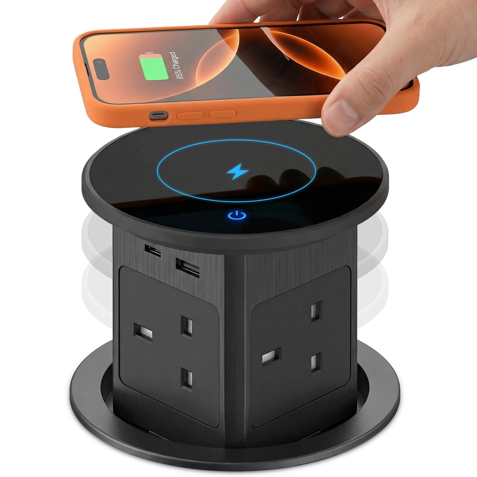 Pop up Sockets for Kitchen Worktops with 15W Wireless Fast Charger, Touchscreen Automatic Pop up, 4 x UK Plugs & 1x USB & 1x 20W Type C Port for Home Office Kitchen Worktops Desktop