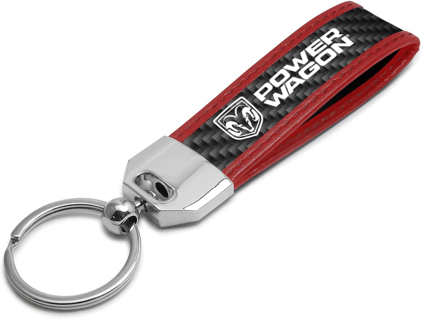 iPick Image for RAM Power Wagon Real Carbon Fiber Strap with Red Leather Stitching Edge Key Chain - Official Licensed