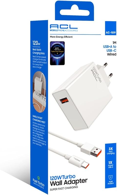 120W Turbo Süper Hızlı Şarj Cihazı Seti - USB-A - USB-C Hızlı Şarj Kablosu (1M) Dahil - Akıllı Çip Korumalı, Laptop, Tablet ve Telefon Uyumlu Duvar Adaptörü