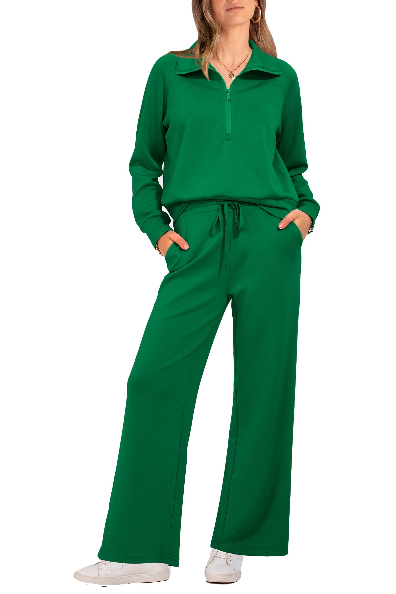 Women's 2 Piece Outfits Casual Lapel Half Zip Sweatshirts and Wide Leg Pants Tracksuit Sets