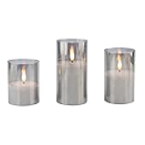 3 Pack Real Wax Assorted Size Flameless LED Pillar Candles in Glass Hurricane with Remote and Timer