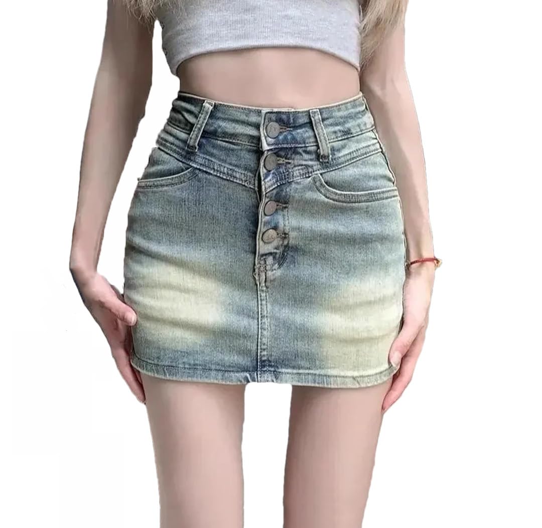 Gonna in denim da donna, a vita alta, linea A, mini sopra il ginocchio, slim fit, in denim
