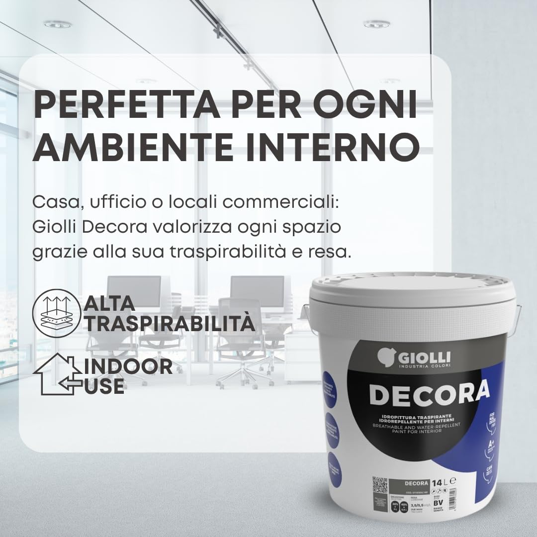 Giolli industria colori | Pittura Bianca per Interni Lavabile Giolli Decora - Idropittura Murale ad Azione Traspirante - Vernice Bianca da Muro Interno a Mano Unica - 14 L