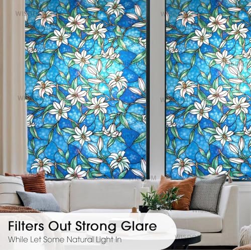 Image of WISDOM Premium Frosted Glass Window Film Self Adhesive Decorative Glass Window Privacy Sheet Film UV Control Removable Vinyl Privacy Film (Blue Lilly Orchid Flower, 12x36 Inch)