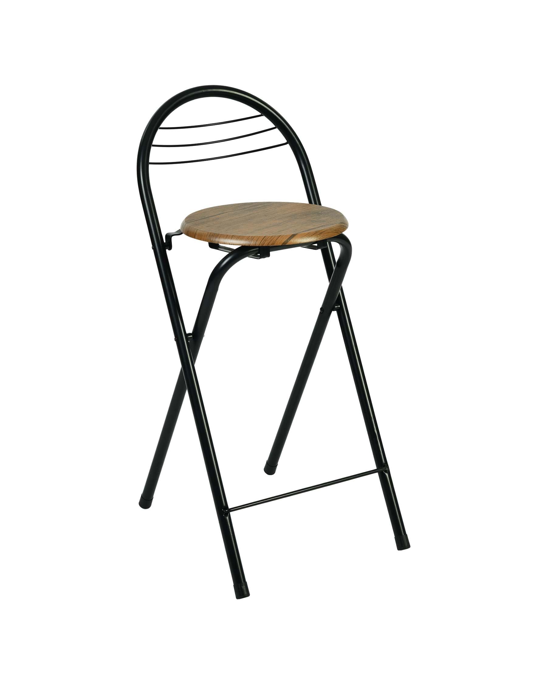 Taburete Plegable Exterior con Respaldo, Metal Taburete Bar Cocina con Madera, Silla Plegable Metálica Negra para Cocina, Barra, Balcón y cámping, Alto 60 cm, 1 Pieza