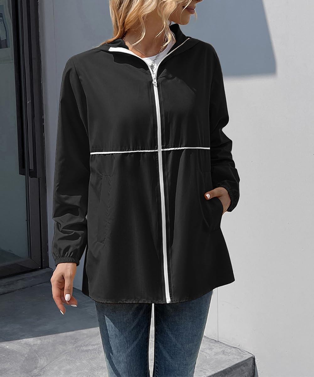 Women's Lightweight Outdoor Hiking Waterproof Jacket Zipper Hooded Jacket Windbreaker with Pockets