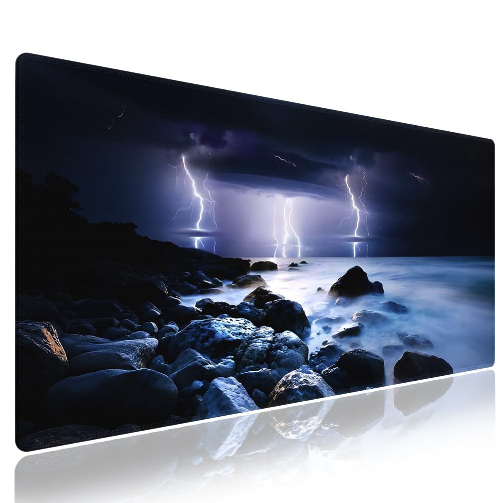 Wknoon Extra Large Gaming & Office Mouse Pad (31.5" x 11.8") – Nature Lightning Summer Storm Bolts Over Rocks in Ocean Nightmare Theme Weather,