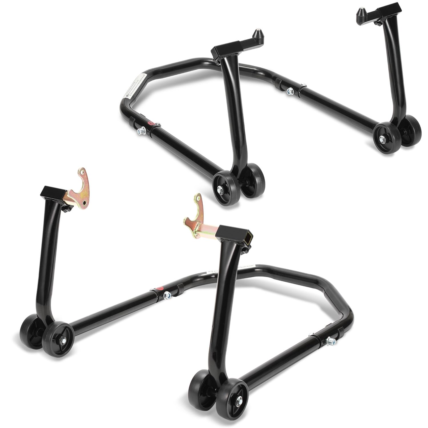 Set di supporti per moto anteriore e posteriore, supporto per moto con 4 ruote, piattaforma elevatrice per moto, stabilità, capacità di carico fino a 300 kg (Nero)