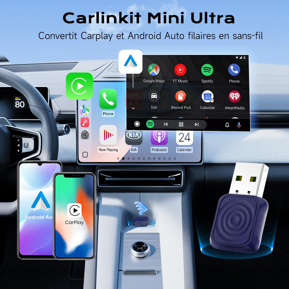 Carlinkit Mini Ultra Adaptateur sans fil CarPlay & Android Auto – Dongle Plug & Play pour iPhone & Android, Convertit câblé en sans fil, USB-A/USB-C, compatible avec les voitures OEM câblées