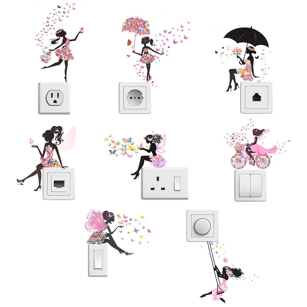 PLIGREAT 8 Pcs Flower Fairy Girl Switch Stickers Butterfly Socket Decorative Decals Removable PVC Stickers for Bedroom Living Room Kitchen Nursery Bathroom Wall Home DIY Creative Decor