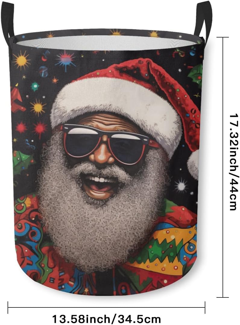 Happy Black Santa Clause Pattern Waterproof Foldable Storage Bin, Dirty Clothes Laundry Basket, Canvas Organizer Basket for Laundry Hamper, Toy Bins, Gift Baskets, Bedroom, Clothes, Kids Hamper