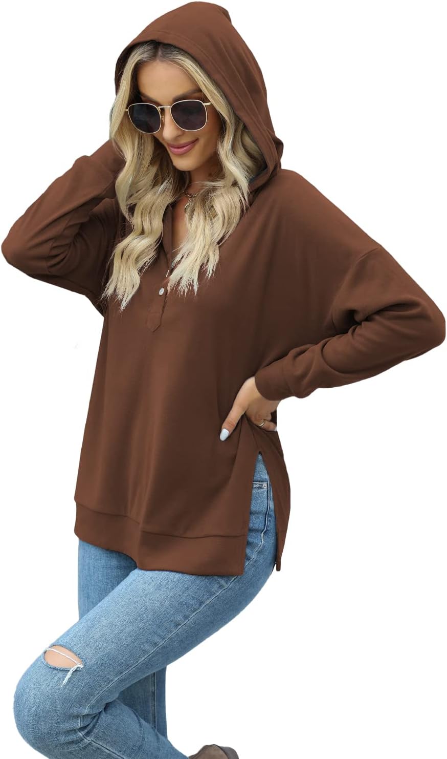 Womens Casual Button Hoodies Long Sleeve Sweatshirts V Neck Loose Sweaters Side Split - Image 3